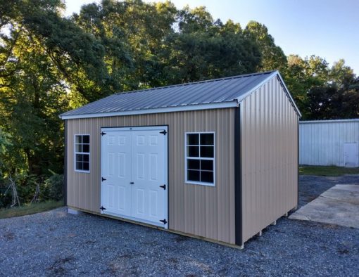 12x16 size metal a-roof style shed with white trim, tan metal siding, bronze metal roof, corners and j channel, 1 ft taller walls and 6 foot fiber doors with two windows