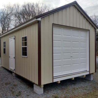 12x20 size metal classic garage style shed with white trim, light stone metal siding, brown metal roof, corners and j channel, 8x7 garage door, 3 foot fiber 2 plank shed door with two windows.